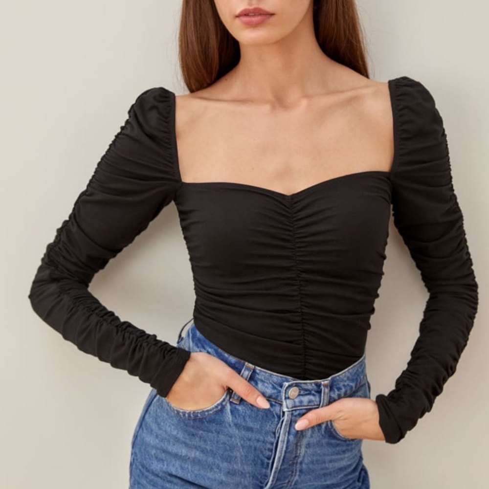 Reformation Esra Knit Top Black Ruched Longsleeve Queen Anne Neckline Size XS